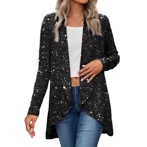 Generisch Chaqueta de lentejuelas para mujer, traje de Nochevieja para mujer, cárdigan con purpurina, manga larga, chaqueta bolero, color negro, chaqueta de punto grande, tallas grandes, chaqueta de