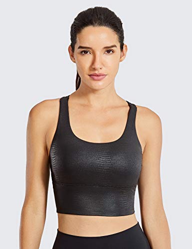 Crz Yoga Women's Longline Matte Faux Leather Sports Bras - Strappy Wirefree Padded Medium Impact Workout Crop Tank Top Faux Leather Black Lizard Medium #TOP2
