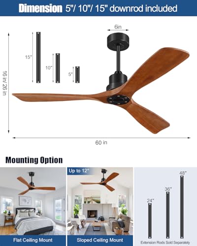 Image of Ceiling Fans With Remote Control, Outdoor Ceiling Fan for Patios Indoor, 3 Downrods, 3 Blades, Timer, 6 Speed Reversible Quiet DC Motor Modern Fan Solid Wood Fan, 60in, Brown