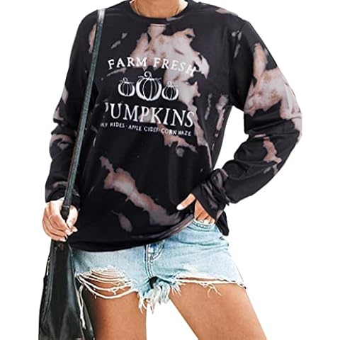 KIDDAD Fall Sweatshirt Women Farm Fresh Pumpkins Apples Hayrides Cider Sweatshirt Halloween Pullover Top Blouse, Bleached, XXL Cover
