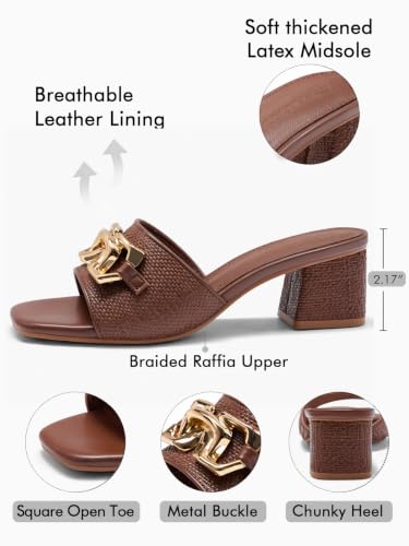Image of Coutgo Womens Raffia Slide Sandals Chunky Block Heeled Square Open Toe Metal Chain Slip on Mules Dressy Shoes