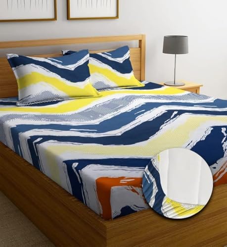 Image of NHD HOME Premium Cotton Feel Polycotton Elastic Fitted King Size Double Bedsheets with 2 Pillow Covers | All Around Elastic 210 TC Super Soft | Size - 72 King Size x 78+10 inches | Yellow & Blue