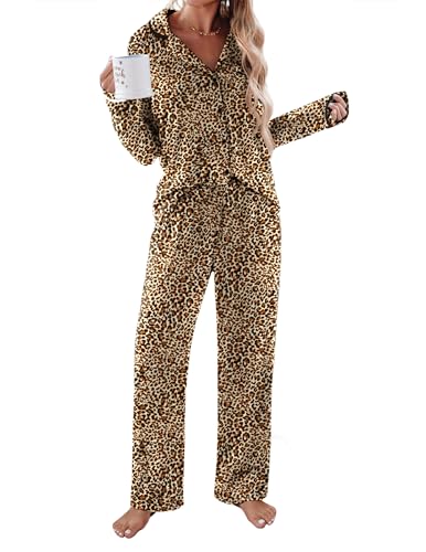 Ekouaer Cheetah Pajama Sets Long Sleeve Button Down 2 Piece Pjs Soft Leopard Lounge Sets Notch Collar Sleepwear