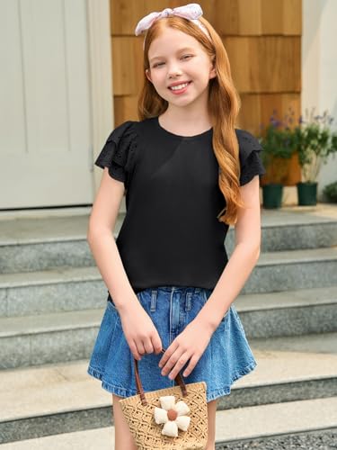 Image of Haloumoning Girls Ruffle Sleeve T Shirts Summer Short Sleeve Casual Cute Crewneck Tops Tees 5-14 Years