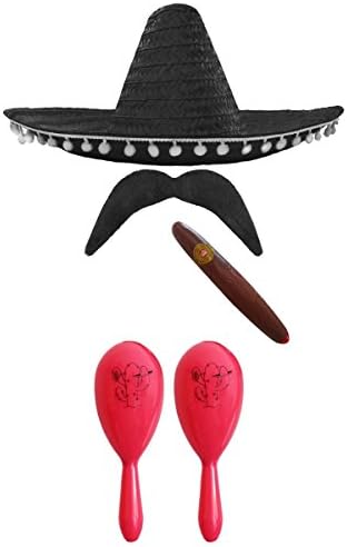 MEXICAN FANCY DRESS ACCESSORY SET. MEXICAN SOMBRERO + MARACAS + TASH. PERFECT FOR MEXICAN FANCY DRESS COSTUMES SENORITA BANDIT MARIACHI (BLACK POM POM SOMBRERO + GREEN AND RED MARACAS)