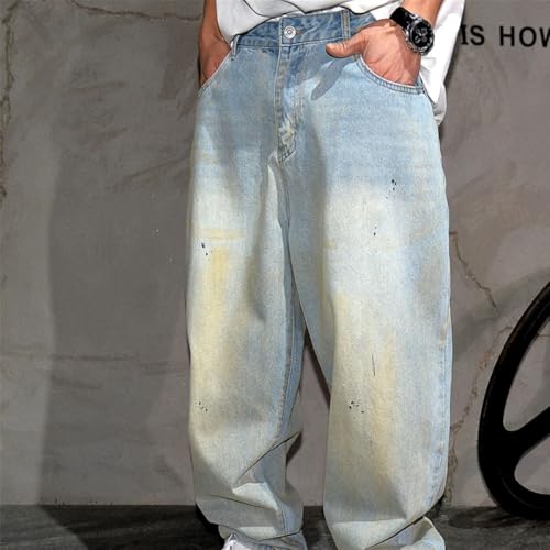 Men’S Streetwear Paint Point Baggy Denim Cargo Pants Slim Fit Full Length Button Fly Midweight Light Wash Trousers4