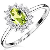 TJC Birthstone Halo Engagement Ring for Women, 925 Sterling Silver Platinum Plated Peridot Gemstone Ring, Vintage Royal Halo Ladies Statement Jewellery Gift - Size N
