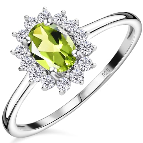 TJC Peridot Halo Ring In Platinum Plated 925 Sterling Silver for Women Size Q with White Zircon Green Coloured August Birthstone