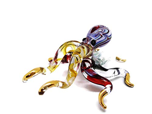 WitnyStore 3½" Flowered Red Blue Yellow Octopus Artistic Blown Glass Figurine Premium Hand-Blown Statue Tabletop Decoration Unique Collectible for Adult Collectors Handcrafted Elegant Home Room Decor