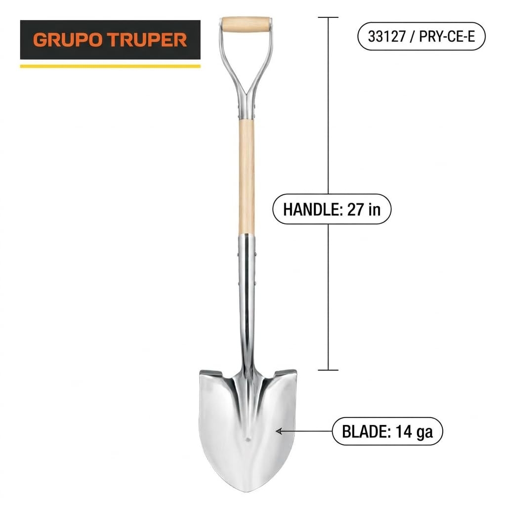 Truper 33127 Polerowany chrom Ceremonial Shovel - ostrze ze stali wysokowęglowej ze stalowym uchwytem z amerykańskiego popiołu D, rozszerzone gniazdo, ostrze 14, 69 cm