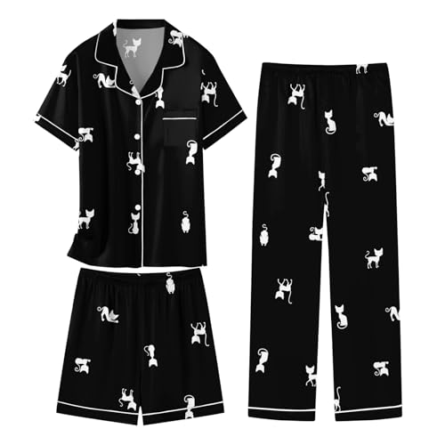 Schbbbta Girls 3 Pieces Pajamas Sets Silk Satin Sleepwear Button Down Short Sleeve Pjs Outfits