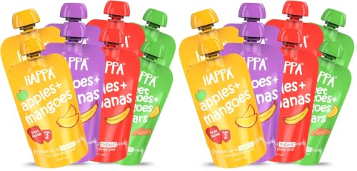 Image of Happa Organic Baby Food Puree | 100% Fruits and Vegetables | No Added Sugar, No Milk Powder, No Preservatives | Stage 2 (6 Months+) | Ready to Eat | Free from Common Allergens | (Pack of 16 (100 g Each))