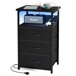 Fixwal Night Stand with Charging Station, LED Nightstand with U-S-B Ports and Outlets, 3 Fabric Storage Drawers with PU Finish, Bedside Table, Black