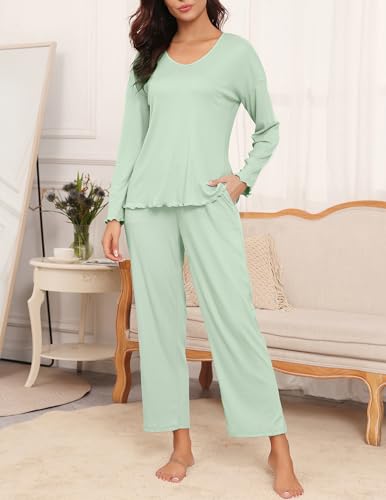 Ekouaer Womens Ribbed Knit Pajamas Set V Neck Long Sleeve Pj Set 2 Piece Loungewear Casual Sleepwear