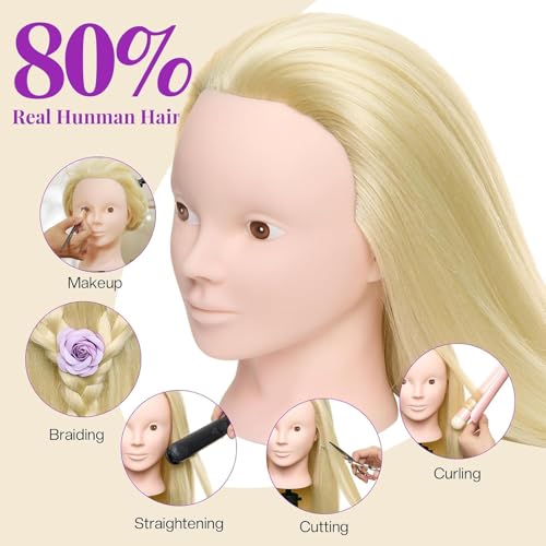 Image of 28 inch Mannequin Head with 80% Real Human Hair for Makeup Practice#613 | Cosmetology Manikin Doll Head for Hair Styling, Hairdressing Training Head for Braiding withTable Clamp Styling Set