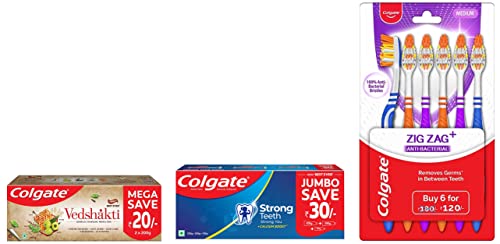 Image of Colgate Strong Teeth Cavity Protection Toothpaste, Colgate Toothpaste & ZigZag Manual Toothbrush & Swarna Vedshakti Ayurvedic Cavity Protection, Bad Breath Treatment Toothpaste - 400gm