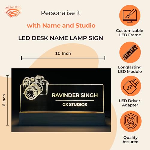 Image of Personalized LED Desk Name Plate for Photographer Custom Engraved Sign with Camera Design Photographer Desk Light Studio Office Decor Birthday Thank you Gift for Brother Boyfriend Friend