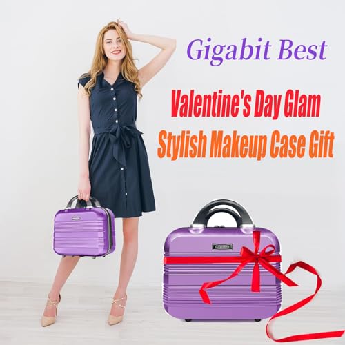 14" Portable Hard Shell Makeup Travel Case - Stylish PC+ABS Cosmetic Organizer for Women - Scratch-Resistant, Elastic Strap, Mini Suitcase - Perfect for Romantic Gifts（Futuristic Purple）2