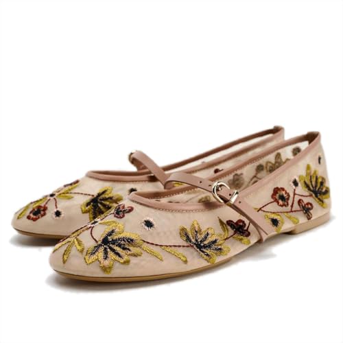 Image of Mesh Ballet Flats for Women Embroidered Floral Mary Jane Flats Round Toe Slip On Ballerina Shoes Comfortable Casual Daily Dress Flat Shoes
