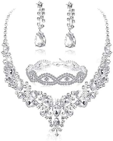 Fiasaso 3pcs Crystal Bridal Jewelry Set for Women Rhinestone Necklace Earrings Bracelet Wedding Bridesmaid Silver Tone