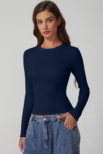 QINSEN Long Sleeve Shirts for Women Crewneck Rib Knit Slim Fit Going Out Tops Casual Basic Tee3