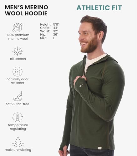 Image of Merino.tech 100% Merino Wool Hoodie Men - Slim Fit Merino Wool Base Layer Mens Half Zip Thermal Long Sleeve Shirt and Socks