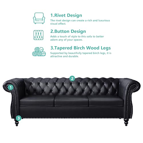 Image of QHITTY Accent Large Sofa, Chesterfield Couch 3 Seater Modern Leather Couch Upholstered Sofa with Tufted Back for Living Room Furniture (Black)
