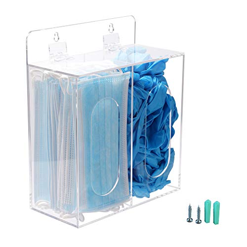 Aphbrada Face Mask & Glove Dispenser Box Holder Hygiene Station with Lid Wall Mount Acrylic Double Compartment Emesis Bag Hairnet Shoe Cover Dispenser Organizer Storage Case, Clear