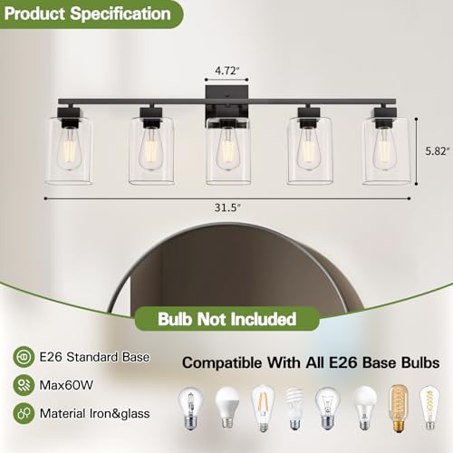 Image of 5 Light Bathroom Vanity Light - Matte Black Bathroom Light Fixtures Square Design & UL Certification, 31 Inch Black Bath Room Lighting Fixtures Over Mirror for Living Room & Bedroom & Restroom