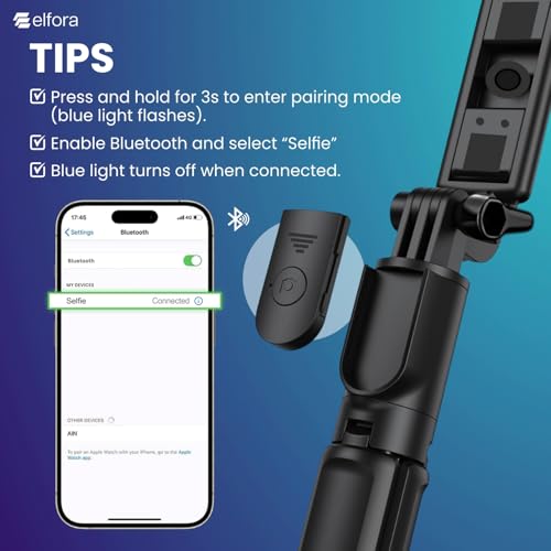 Image of Elfora R1S Selfie Stick Tripod Stand | Bluetooth Wireless Remote with Rechargeable LED Light | 2 Brightness levels for Vlogging & Photoshoots | Extendable Tripod for All Smartphones and iPhones(Black)