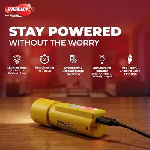 Image of Eveready DL104 Twystick 1.2W Front Torch Cum 0.75W Sidelight, Rechargeable, USB Type-C Fast Charging, Telescopic Focus and SOS Mode, Powered by 500mAh Li-ion Battery