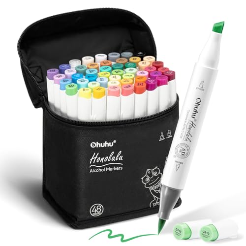 Image of Ohuhu Alcohol Markers Brush Tip: 48-Color Double Tipped Art Marker Set for Artist Adults Coloring Illustrations -Honolulu -Brush & Chisel -Refillable, Multicolor
