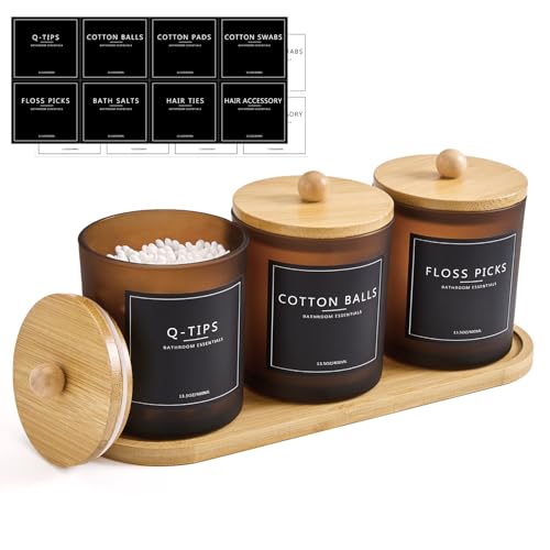 3 Pack Qtip Holder Bathroom Set with Tray,13.5oz Cotton Round Ball Pad Holder Cotton Swab Floss Pick Dispenser,Glass Apothecary Jars Canisters with Lids,Bathroom Organizers and Storage Container-Amber