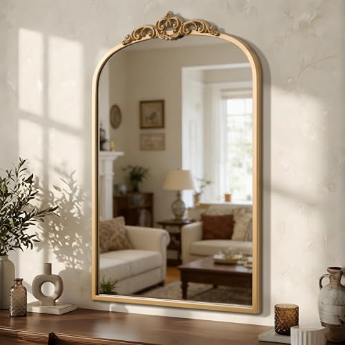 Meolyx 1 Set Vintage Mirror 20x30 Gold Antique Baroque Arched Ornate Traditional Brass Mirror and 8.5x12 Vintage Vanity Makeup Desk Table Mirror for Bathroom Entryway Living Room Hallway Fireplace