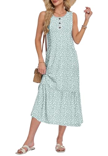 WNEEDU Women Summer Sleeveless Midi Dresses Button Front Sundress with Pockets(Green Pattern,2XL)