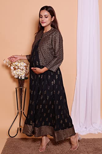 Image of Rayon Printed Maternity Wear Gown Having Conceled Zip for Feeding with Jacket