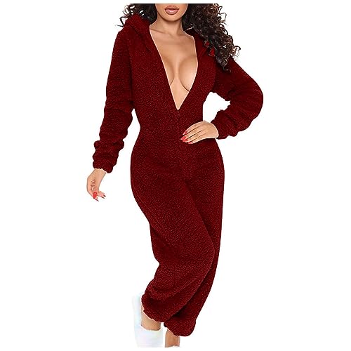 Pjs For Women Sets Teddy Bear Winter Long Sleeve Double Fleece Sleepwear One Piece Pajamas One Piece Fluffy Warm Sleepwear Hooded Casual Velvet Thermal Rompers Back Open Sexy Nightwear Wine S
