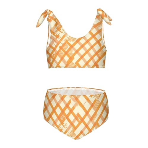 KLL Orange Gingham Girls' 2 Piece Bikini Sets Scoop Neck Beach Bathing Suit Swimsuit