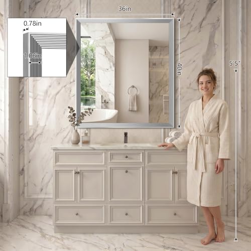 Image of DESBING 36 inchx40 inch Silver Bathroom Mirrors for Over Sink | Tempered Glass, Metal Frame, Rectangle Vanity Wall Mirror for Bathroom, Living Room, Bedroom, Horizontally or Vertically