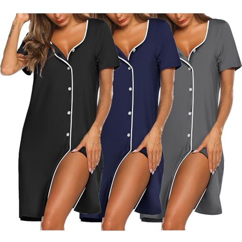 Image of Ekouaer Nightgowns for Women 3 Pack Sleep Shirts Button Down Pajama Dress Short Sleeve Nightshirt Sleepwear Nightdress