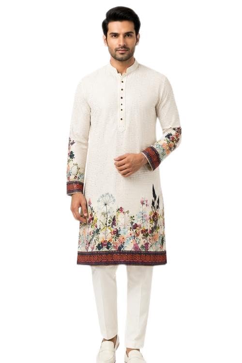Men's White sequance Work Kurta with Floral Border Print (S)-picture-13