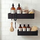 PureShower Badregal ohne Bohren, 2-teiliges Duschregal aus rostfreiem Metall, matt schwarz, selbstklebende Wandbefestigung mit 4 Haken, stabile Aufbewahrung für Bad und Küche (bis zu 6 kg)