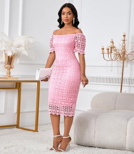 Image of Cololura Elegant Sexy Floral Lace Short Sleeve Off Shoulder Evening Gown Party Formal Bodycon Midi Dress