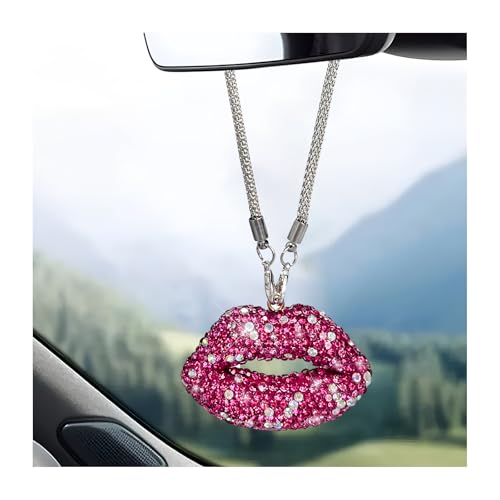 KVAEY Bling Lip Car Rear View Mirror Charm, Personalized Rhinestone Lip Pendant for Car Rear View Mirror, Lips Vehicle Interior Decor Hanging with Chain for Women (Magenta)