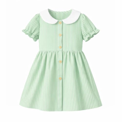 HILEELANG Girls School Dress Cotton Peter Pan Collar Striped Dress Green