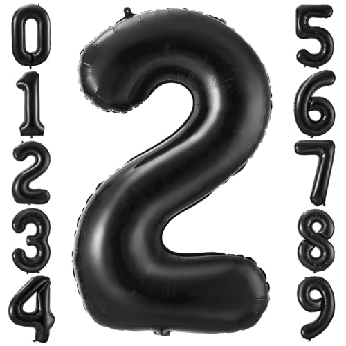 Black 2 Balloon Number,40 Inch Number 2 Balloon Large Black 2 Foil Mylar Helium Balloon for Birthday Party Decorations