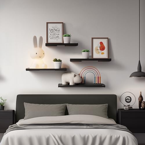 BAYKA Wall Shelves for Bedroom Decor, Floating Wall Shelves for Living Room Kitchen Storage, Mounted Rustic Wood Floating Shelves for Kids Books, Corner Shelves for Bathroom, Office(Set of 3)