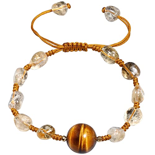 Jewboo Bracelets tressés faits à la main en pierre œil de tigre naturelle/citrine pour femme avec nœud en cristal véritable fait à la main, cristaux et pierres précieuses, pierre de naissance, cadeau