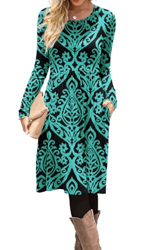 Image of DB MOON Women Casual Long Sleeve Dresses Empire Waist Knee Length Loose Dress with Pockets
