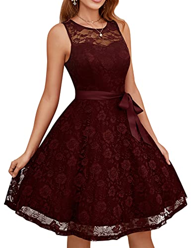 Dressystar Women's Floral Lace Dress Short Bridesmaid Dresses with Sheer Neckline